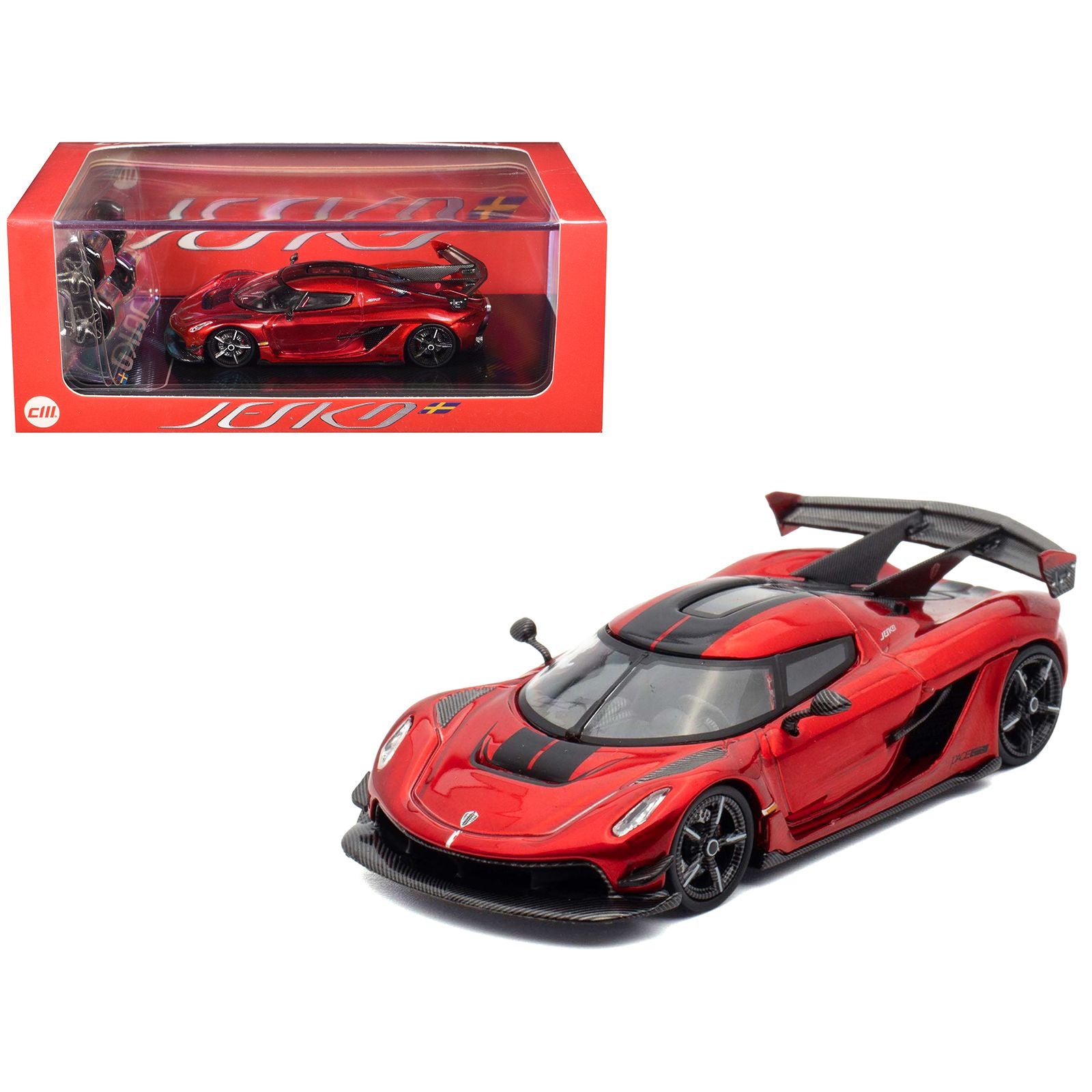 Koenigsegg Jesko Red Metallic with Black Stripes with Extra Wheels 1/64 Diecast Model Car by CM Model