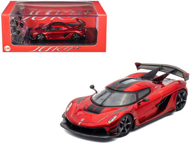Koenigsegg Jesko Red Metallic with Black Stripes with Extra Wheels 1/64 Diecast Model Car by CM Model