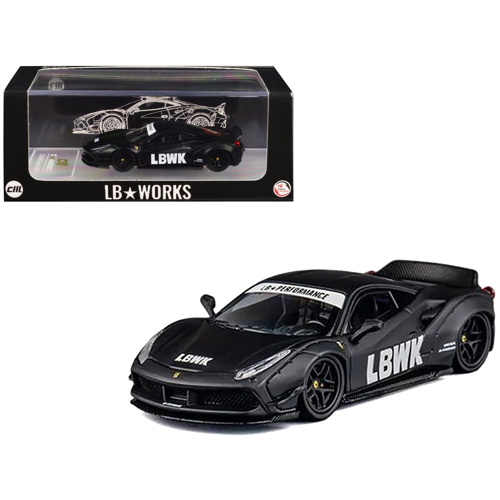LB Works 488 "LBWK" Matt Black 1/64 Diecast Model Car by CM Model