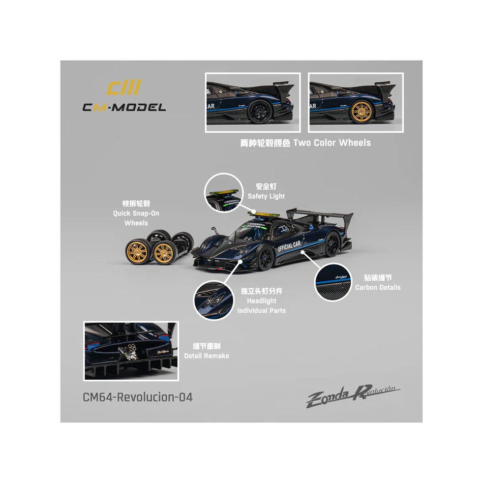 Pagani Zonda Revolucion "Official Car" Dark Blue and Carbon with Extra Wheels 1/64 Diecast Model Car by CM Models