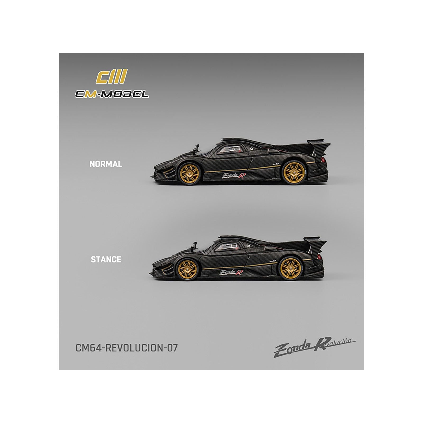 Black Pagani Zonda R model car, normal & stance views.
