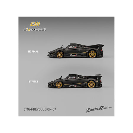 Black Pagani Zonda R model car, normal & stance views.