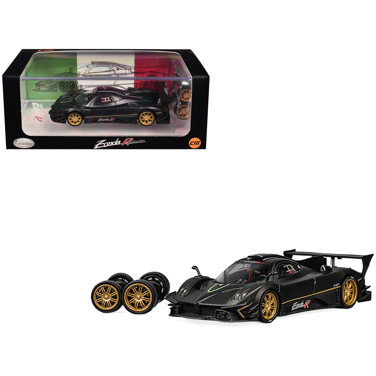Pagani Zonda Revolucion Black Carbon with Extra Wheels 1/64 Diecast Model Car by CM Model