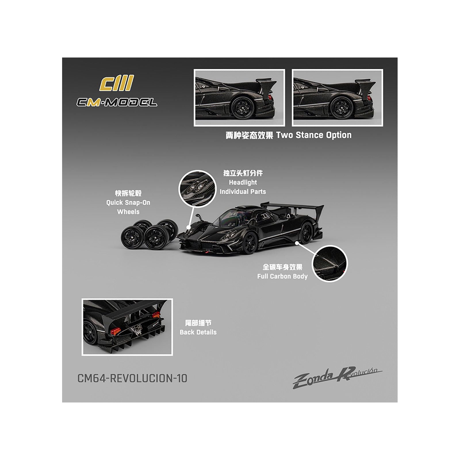 CM64-REVOLUCION-10 Zonda R model car with features like carbon body and wheels.