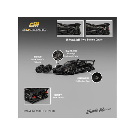 CM64-REVOLUCION-10 Zonda R model car with features like carbon body and wheels.