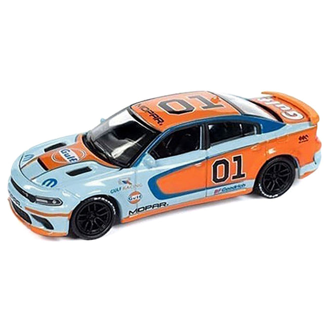 2021 Dodge Charger SRT Hellcat #01 "Gulf Oil-MOPAR" Light Blue and Orange Limited Edition to 4800 pieces Worldwide 1/64 Diecast Model Car by Auto World