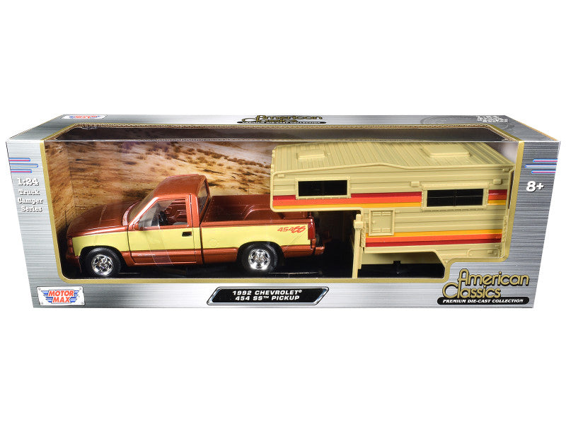 1992 Chevrolet 454 SS Pickup Truck Copper Metallic with Beige Sides with Camper Shell "American Classics" Series 1/24 Diecast Model Car by Motormax