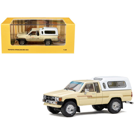 Toyota XtraCab SR5 4x4 Pickup Truck Beige with White Camper Shell "DiecastTalk Exclusive" Limited Edition to 1008 pieces Worldwide 1/64 Diecast Model Car by GCD