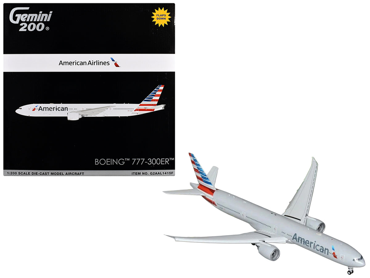 Boeing 777-300ER Commercial Aircraft with Flaps Down Configuration "American Airlines" (N722AN) Silver with Striped Tail "Gemini 200" Series  1/200 Diecast Model Airplane by GeminiJets