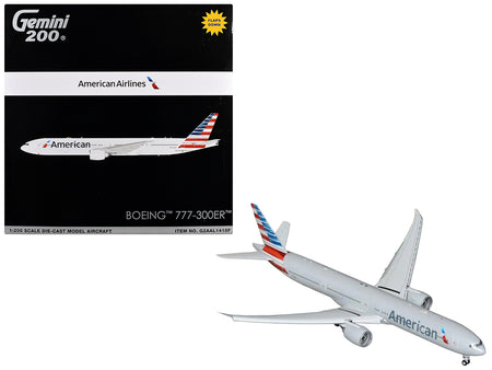 Boeing 777-300ER Commercial Aircraft with Flaps Down Configuration "American Airlines" (N722AN) Silver with Striped Tail "Gemini 200" Series  1/200 Diecast Model Airplane by GeminiJets