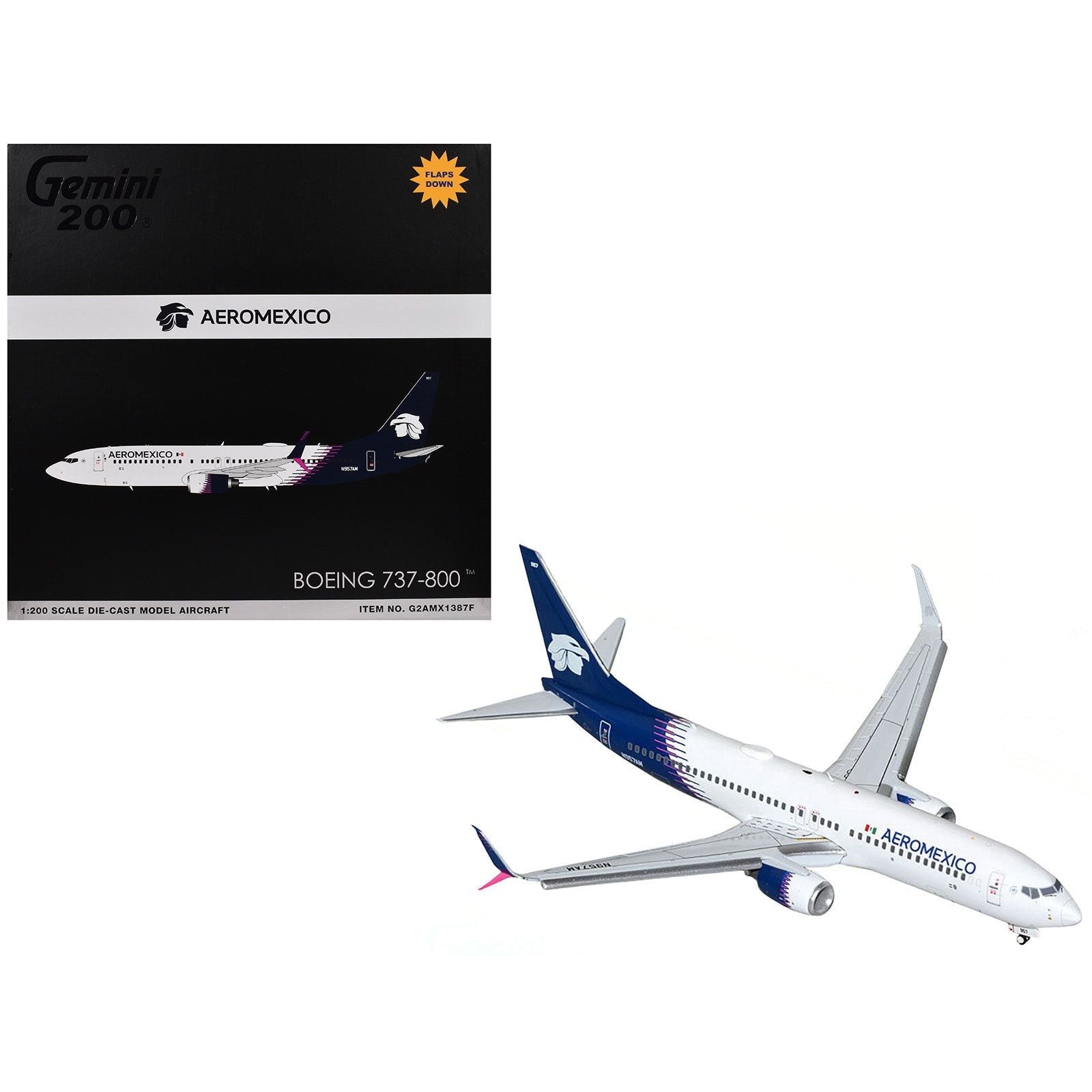 Boeing 737-800 Commercial Aircraft with Flaps Down "AeroMexico" (N957AM) White with Dark Blue Tail "Gemini 200" Series 1/200 Diecast Model Airplane by GeminiJets