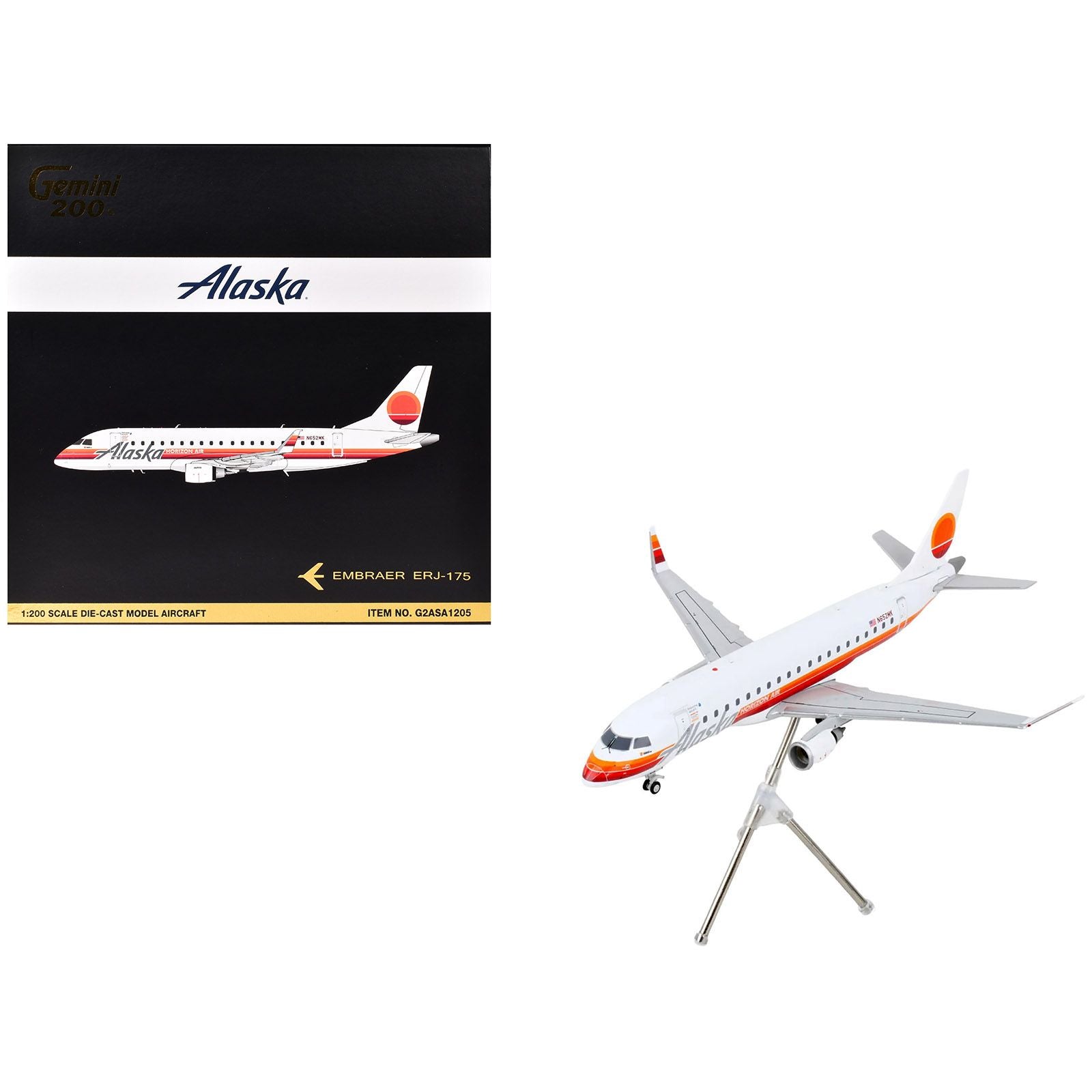 Embraer ERJ-175 Commercial Aircraft "Alaska Airlines - Horizon Air" (N652MK) White with Red and Orange Stripes "Gemini 200" Series 1/200 Diecast Model Airplane by GeminiJets