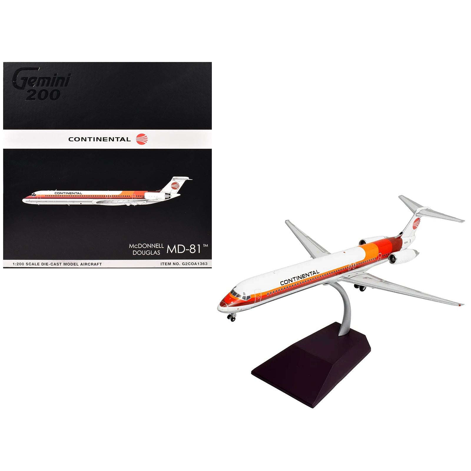 McDonnell Douglas MD-81 Commercial Aircraft "Continental Airlines" (N859HA) White with Red and Orange Stripes "Gemini 200" Series 1/200 Diecast Model Airplane by GeminiJets