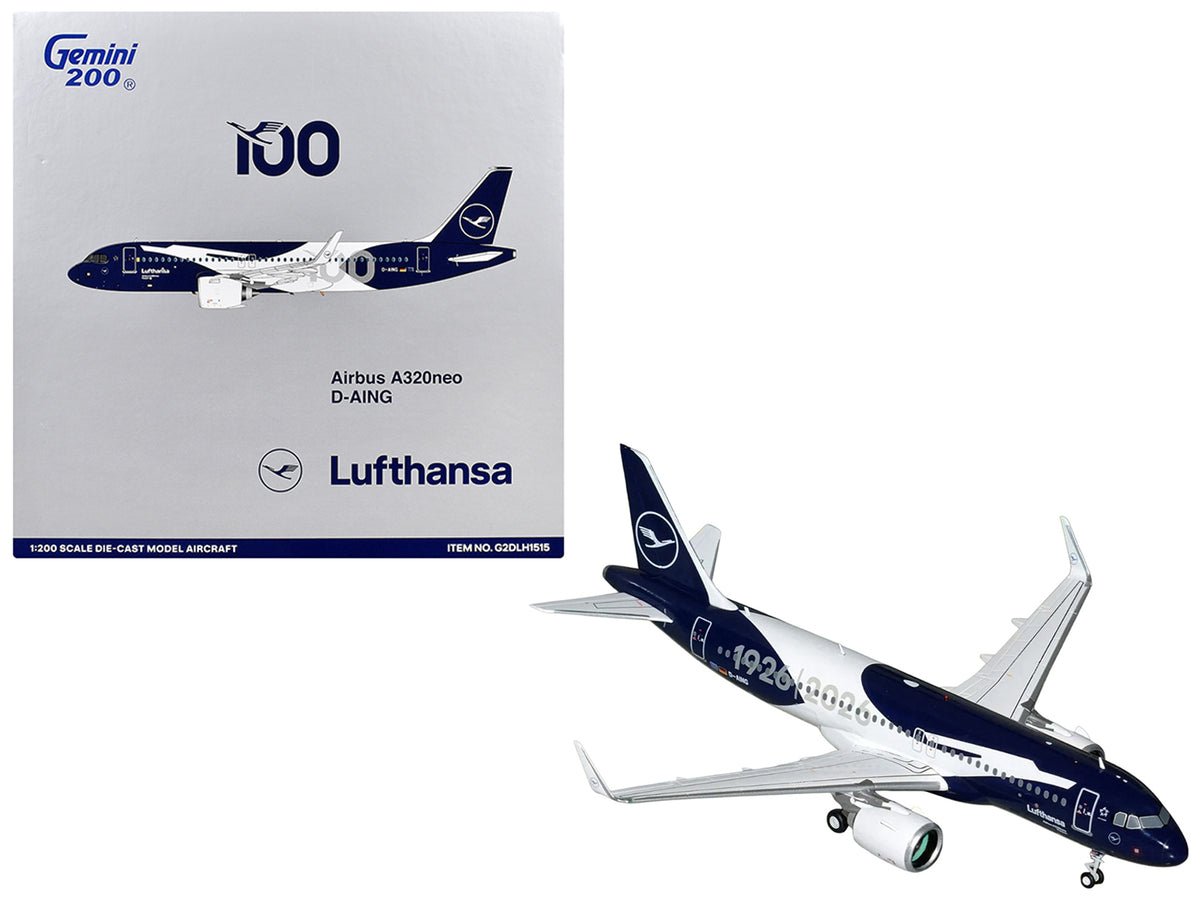 Airbus A320neo Commercial Aircraft "Lufthansa 100th Anniversary" (D-AING) White and Dark Blue "Gemini 200" Series 1/200 Diecast Model Airplane by GeminiJets