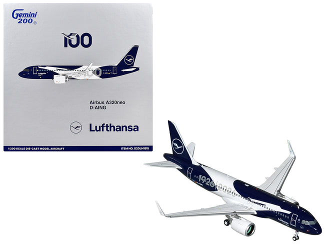 Airbus A320neo Commercial Aircraft "Lufthansa 100th Anniversary" (D-AING) White and Dark Blue "Gemini 200" Series 1/200 Diecast Model Airplane by GeminiJets