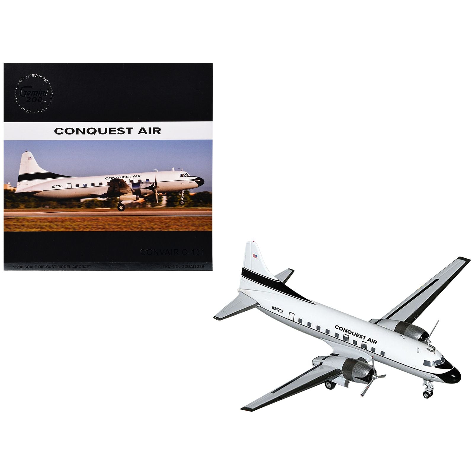Convair C-131 Commercial Aircraft "Conquest Air Cargo" (N342GS) White with Black Tail Stripes "Gemini 200" Series 1/200 Diecast Model Airplane by GeminiJets