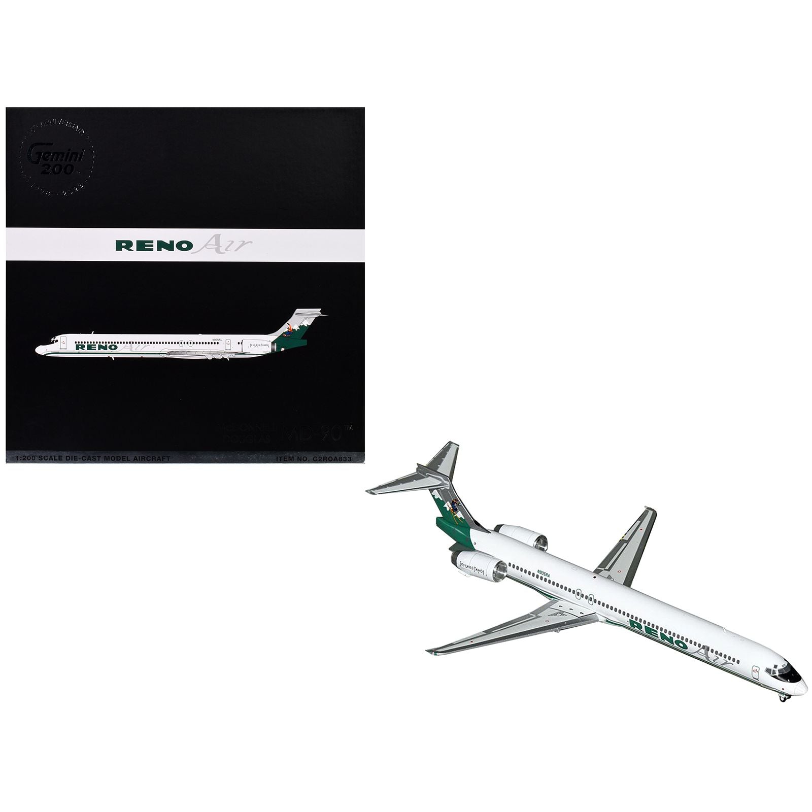 McDonnell Douglas MD-90 Commercial Aircraft "Reno Air" (N905RA) White with Green Tail "Gemini 200" Series 1/200 Diecast Model Airplane by GeminiJets