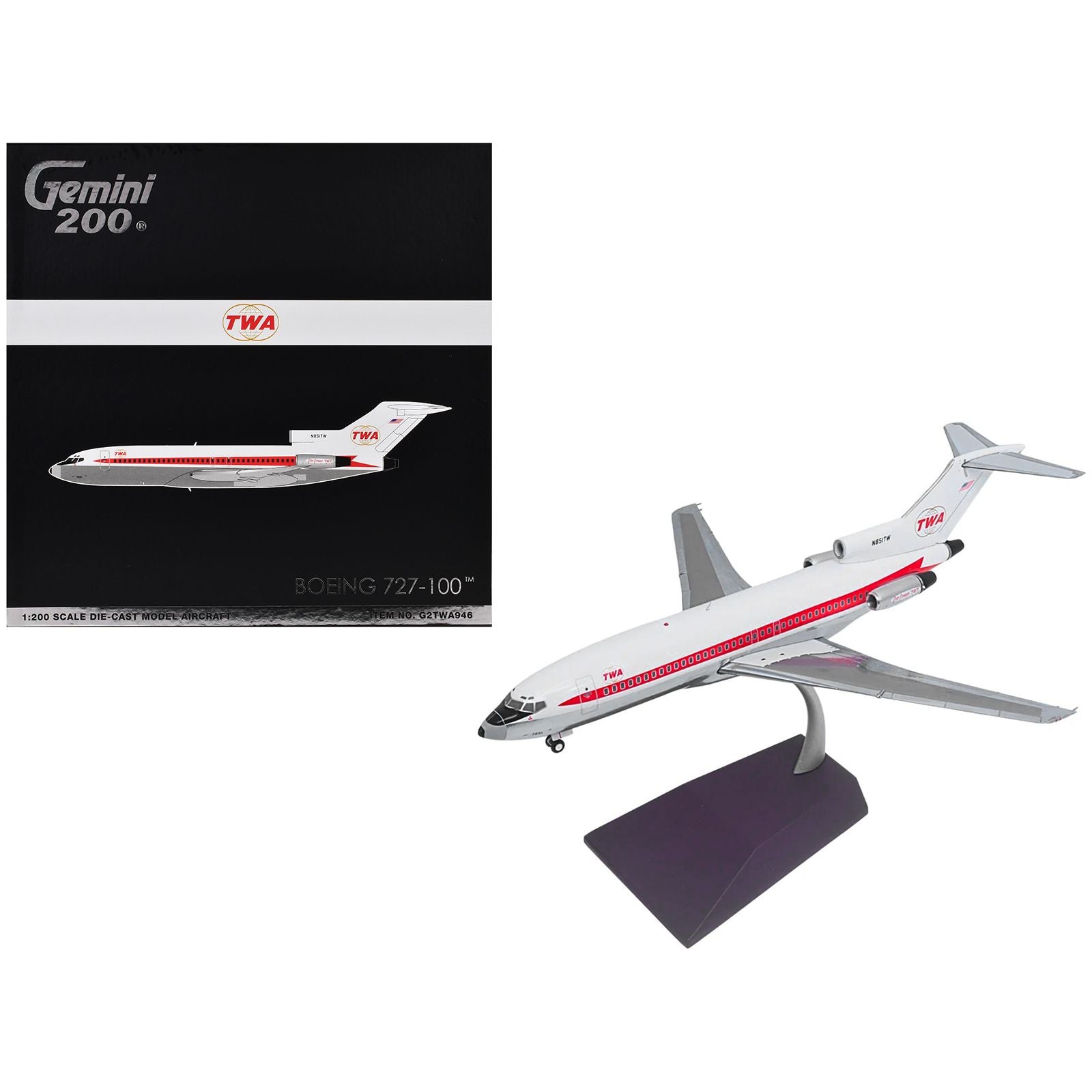 Boeing 727-100 Commercial Aircraft "Trans World Airlines (TWA)" (N851TW) White with Red Stripes "Gemini 200" Series 1/200 Diecast Model Airplane by GeminiJets