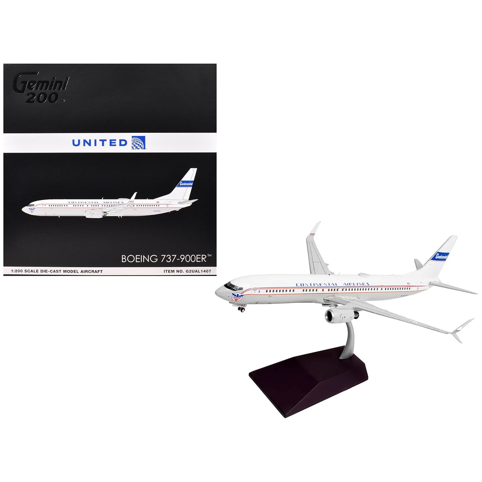 Boeing 737-900ER Commercial Aircraft "Continental Airlines - United Airlines" (N75435) White with Red and Blue Stripes "Gemini 200" Series 1/200 Diecast Model Airplane by GeminiJets