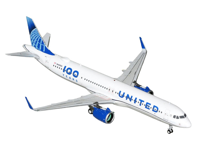 Airbus A321neo Commercial Aircraft "United Airlines 100th Anniversary" (N44550) White with Blue Tail "Gemini 200" Series 1/200 Diecast Model Airplane by GeminiJets