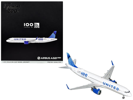 Airbus A321neo Commercial Aircraft "United Airlines 100th Anniversary" (N44550) White with Blue Tail "Gemini 200" Series 1/200 Diecast Model Airplane by GeminiJets