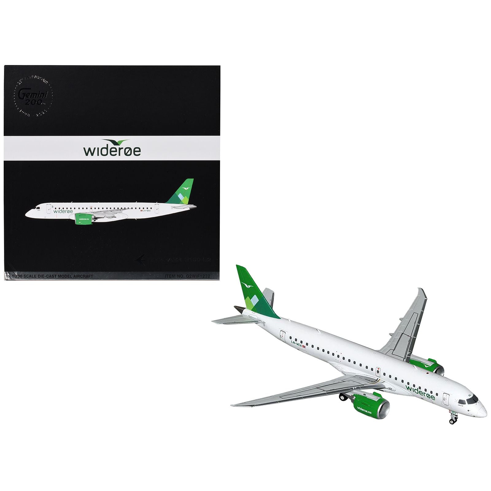 Embraer E190-E2 Commercial Aircraft "Wideroe" (LN-WEA) White with Green Tail "Gemini 200" Series 1/200 Diecast Model Airplane by GeminiJets