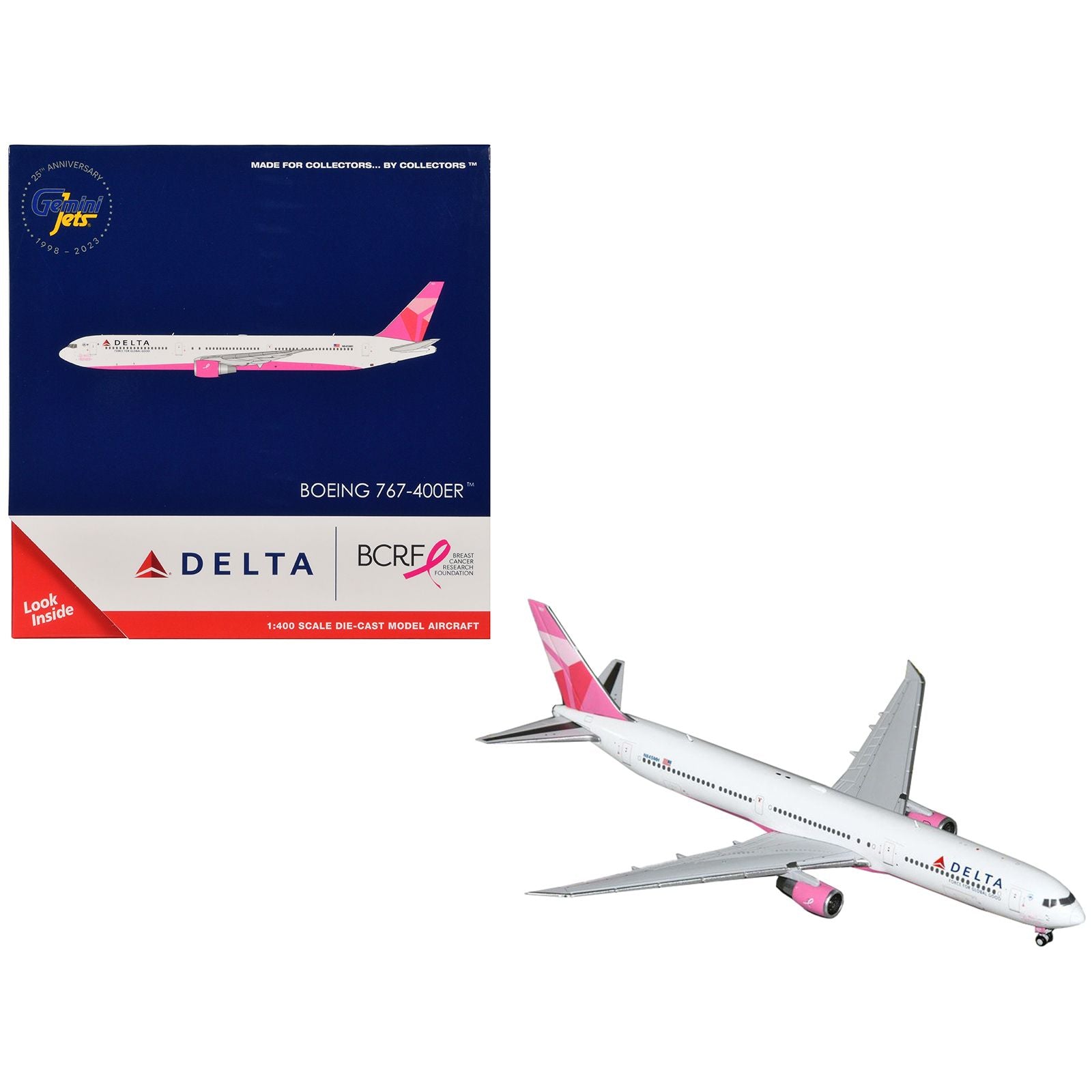 Boeing 767-400ER Commercial Aircraft "Delta Air Lines - Breast Cancer Research Foundation" (N845MH) White with Pink Tail 1/400 Diecast Model Airplane by GeminiJets