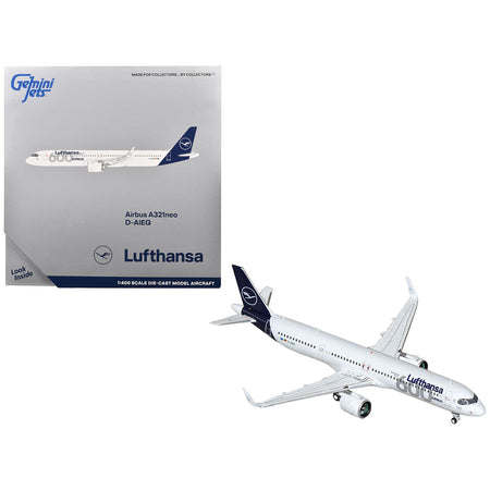 Airbus A321neo Commercial Aircraft "Lufthansa - 600th Airbus Aircraft" (D-AIEQ) White with Dark Blue Tail 1/400 Diecast Model Airplane by GeminiJets