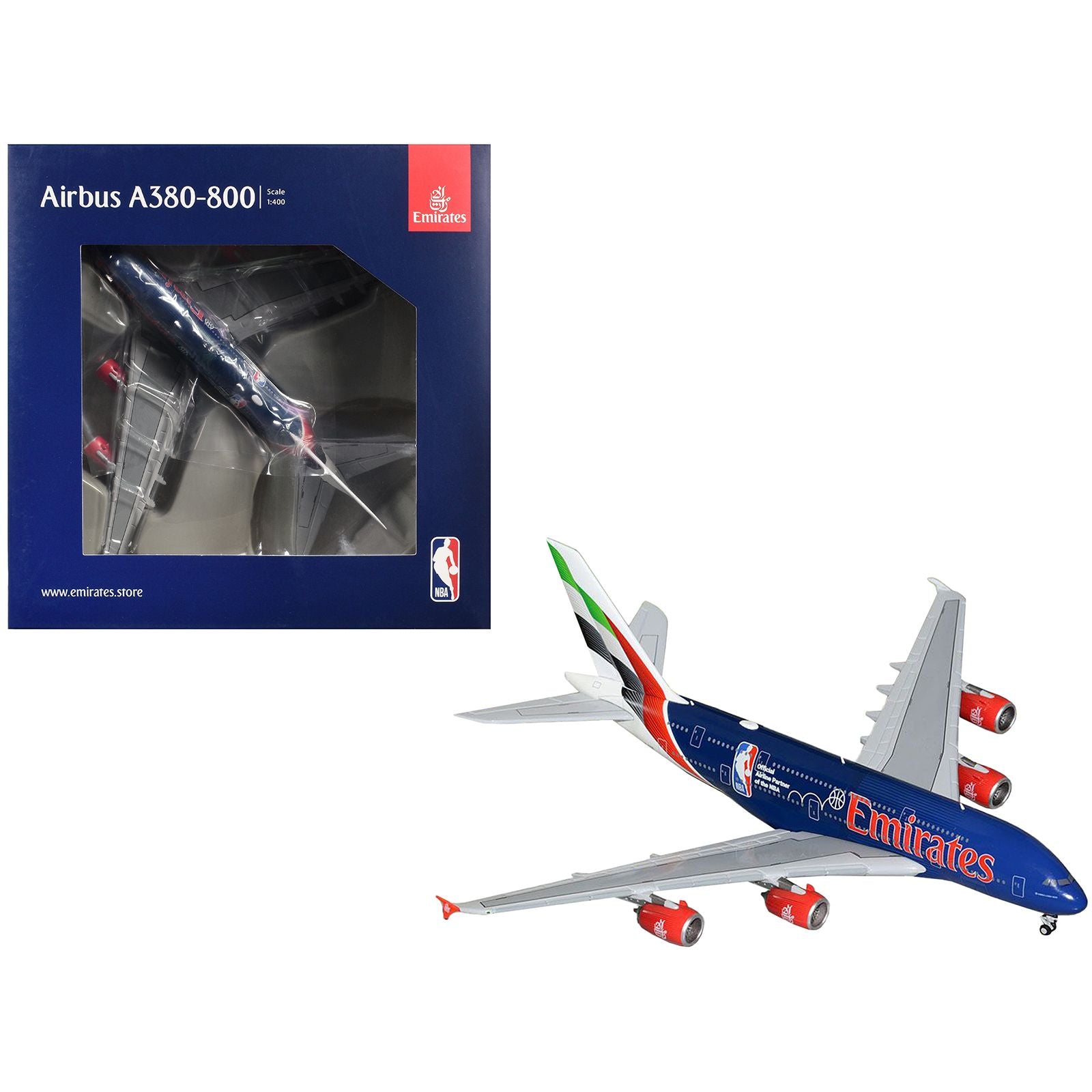 Airbus A380-800 Commercial Aircraft "Emirates Airlines - Official NBA Partner" (A6-EOD) Dark Blue with Striped Tail 1/400 Diecast Model Airplane by GeminiJets