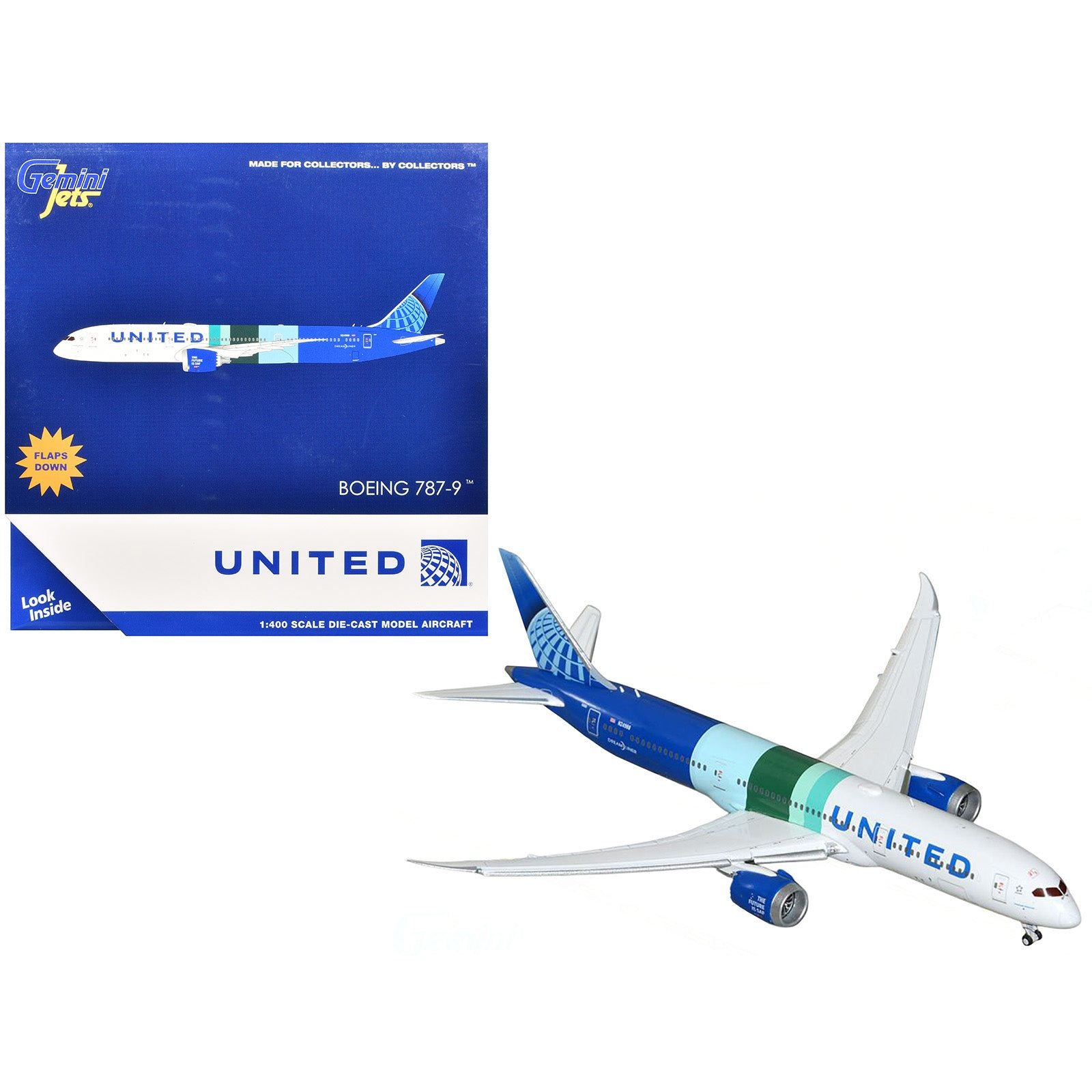 Boeing 787-9 Commercial Aircraft with Flaps Down "United Airlines - The Future is SAF" (N24988) White and Blue with Stripes 1/400 Diecast Model Airplane by GeminiJets