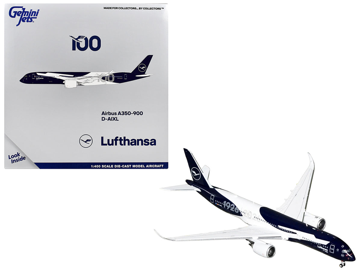 Airbus A350-900 Commercial Aircraft "Lufthansa 100th Anniversary" (D-AIXL) Dark Blue and White 1/400 Diecast Model Airplane by GeminiJets