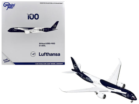 Airbus A350-900 Commercial Aircraft "Lufthansa 100th Anniversary" (D-AIXL) Dark Blue and White 1/400 Diecast Model Airplane by GeminiJets