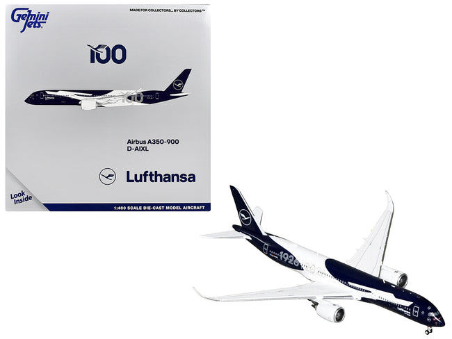 Airbus A350-900 Commercial Aircraft "Lufthansa 100th Anniversary" (D-AIXL) Dark Blue and White 1/400 Diecast Model Airplane by GeminiJets