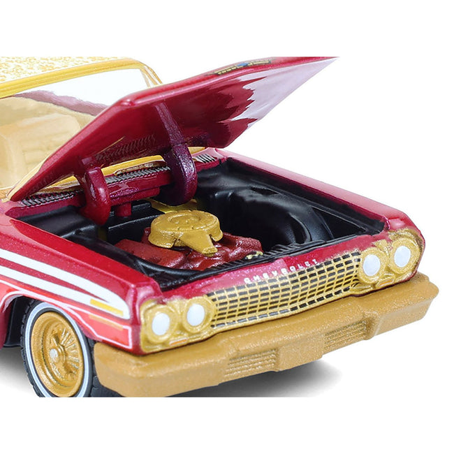 1963 Chevrolet Impala Lowrider "Michael Heralda Special Edition" Red Metallic with Cream Top and Interior with Gold Graphics "Hobby Exclusive" Series 1/64 Diecast Model Car by Greenlight