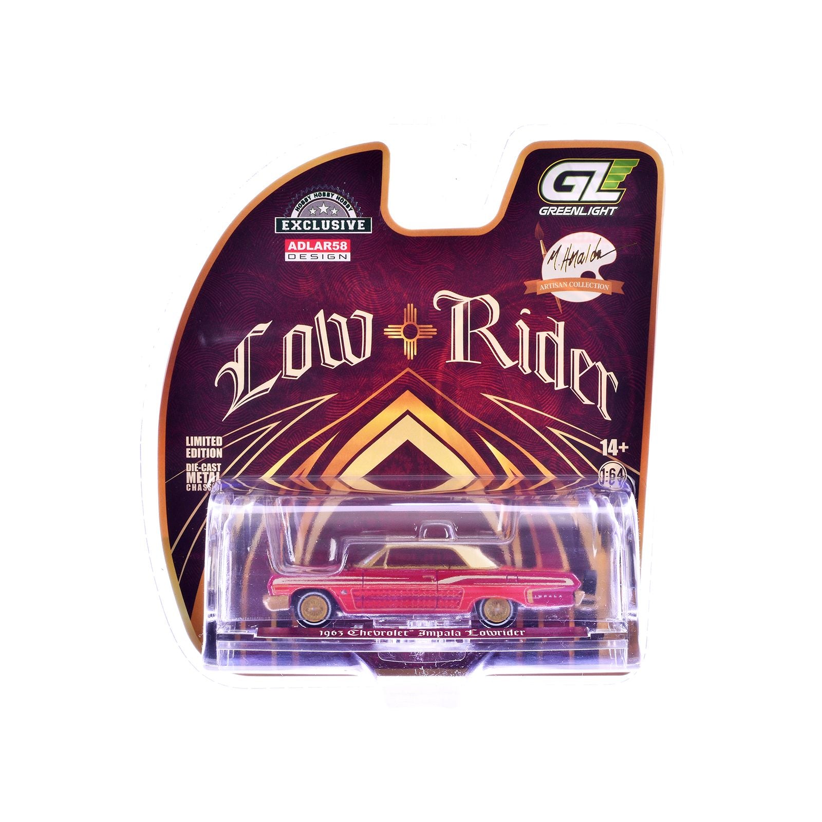 1963 Chevrolet Impala Lowrider "Michael Heralda Special Edition" Red Metallic with Cream Top and Interior with Gold Graphics "Hobby Exclusive" Series 1/64 Diecast Model Car by Greenlight