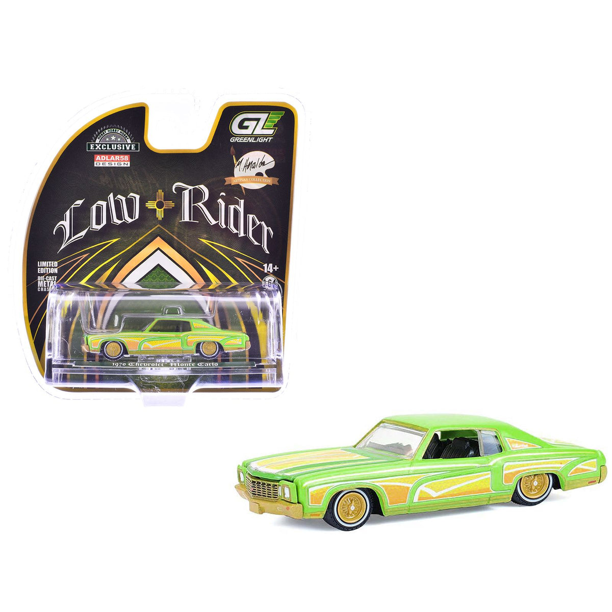 1970 Chevrolet Monte Carlo Lowrider "Michael Heralda Special Edition" Lime Green with Graphics "Hobby Exclusive" Series 1/64 Diecast Model Car by Greenlight