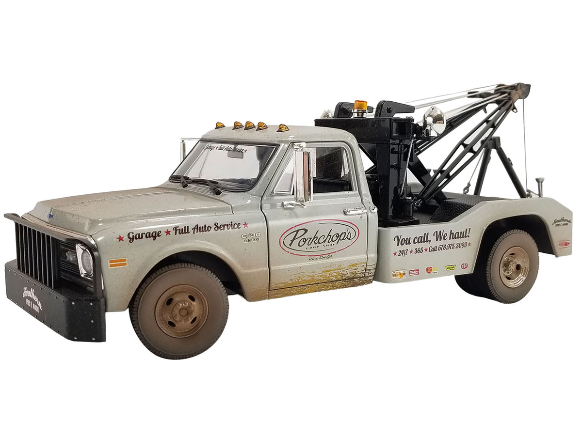 1969 Chevrolet C-30 Wrecker Tow Truck "Porkchop's Chop Shop" Silver Metallic (Weathered) 1/18 Diecast Model Car by Greenlight for ACME