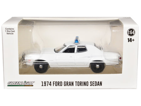 1974-1976 Ford Gran Torino Sedan Police Car White with Light Bar "Hot Pursuit - Hobby Exclusive" Series 1/64 Diecast Model Car by Greenlight