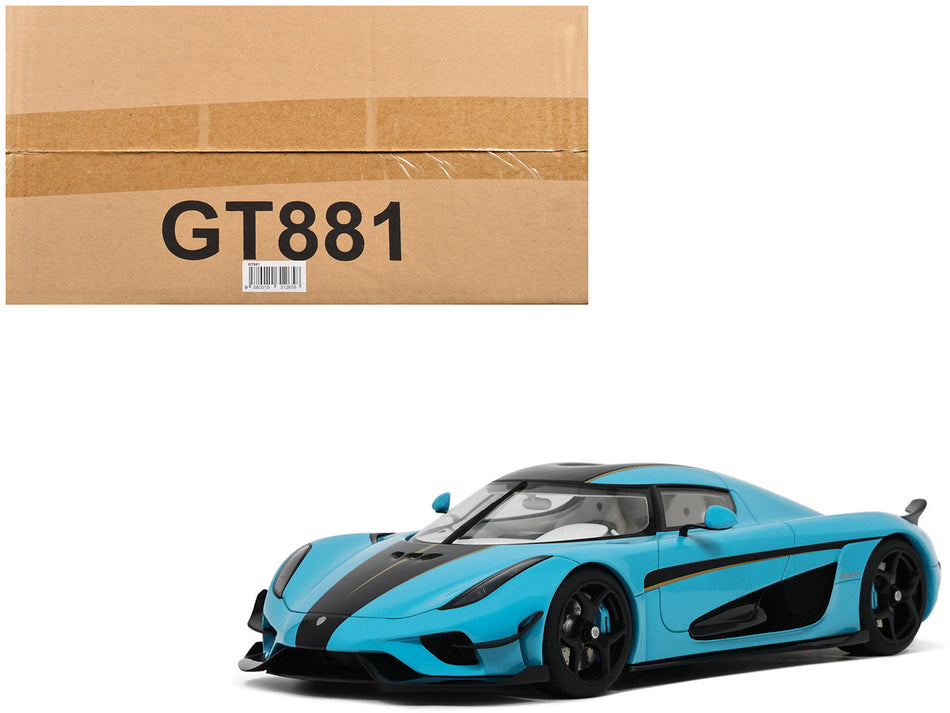 2018 Koenigsegg Regera Baby Blue with Black Stripes and White Interior 1/18 Model Car by GT Spirit