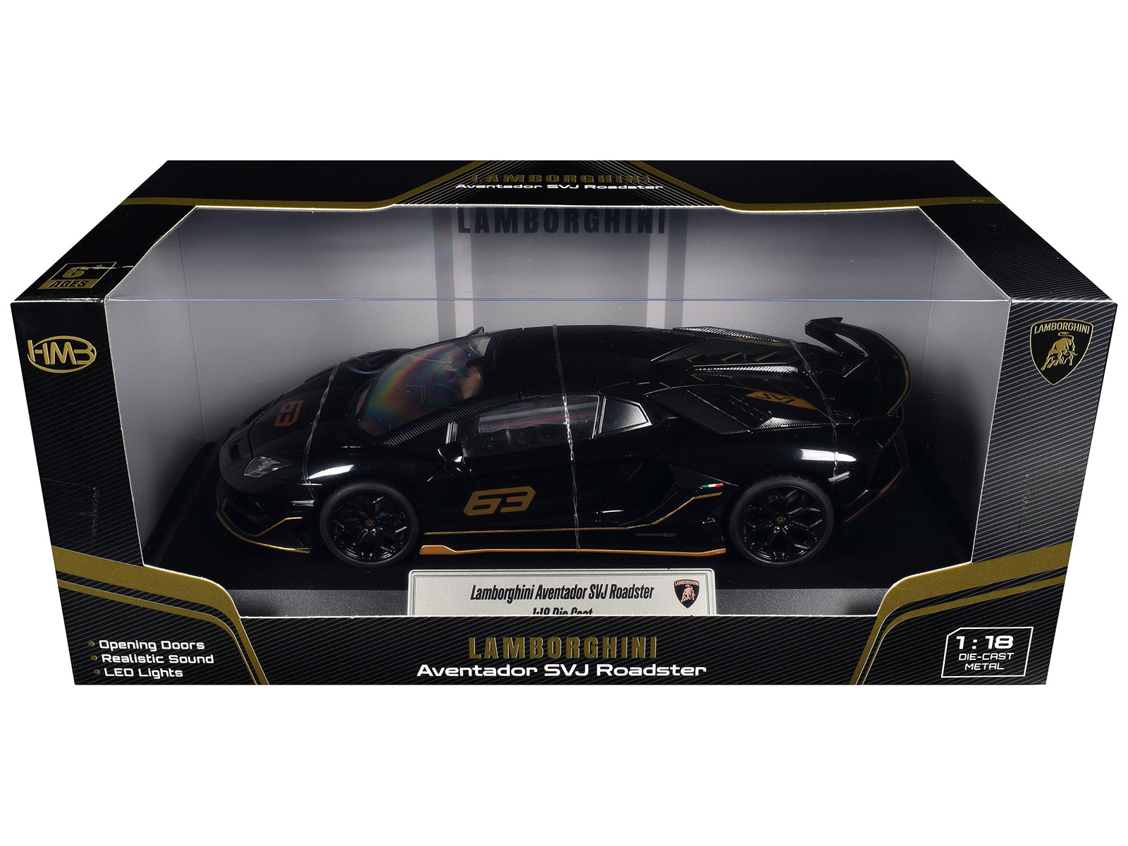 Lamborghini Aventador SVJ Roadster Black with Carbon Top and Gold Accents 1/18 Diecast Model Car by Heimanba