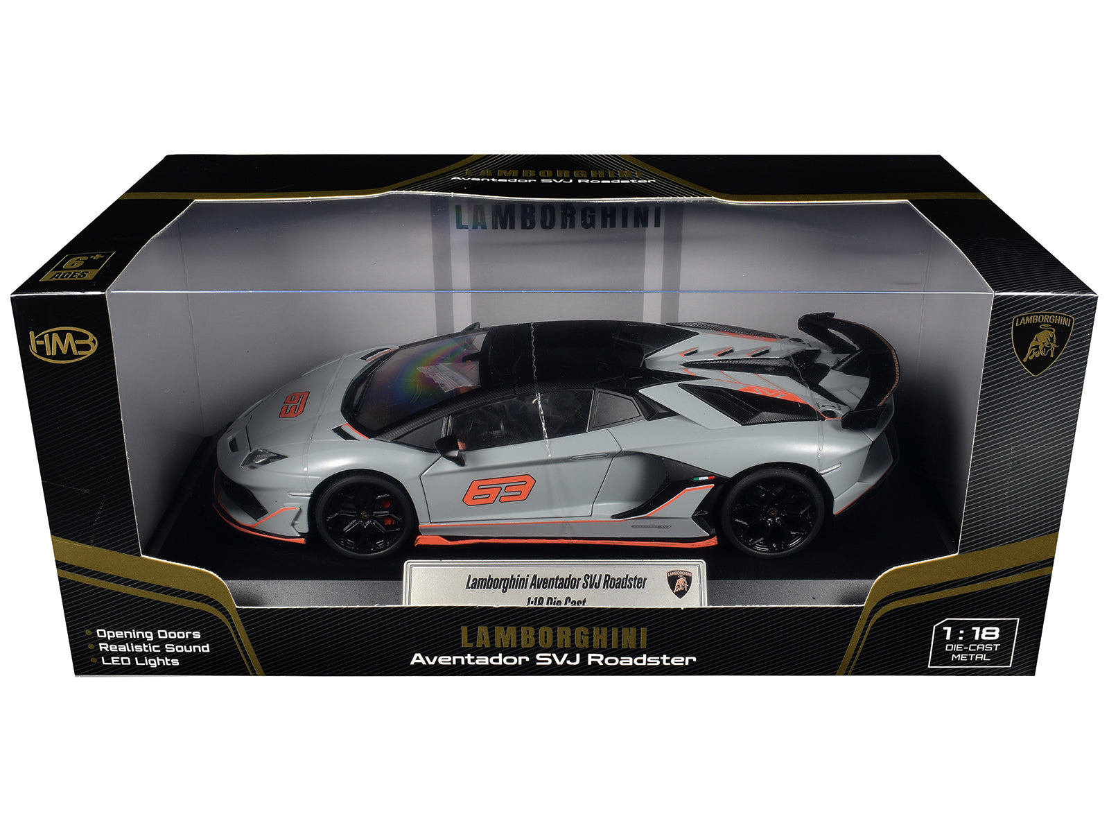 Lamborghini Aventador SVJ Roadster Matt Gray with Carbon Top and Orange Accents 1/18 Diecast Model Car by Heimanba