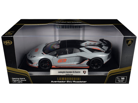 Lamborghini Aventador SVJ Roadster Matt Gray with Carbon Top and Orange Accents 1/18 Diecast Model Car by Heimanba