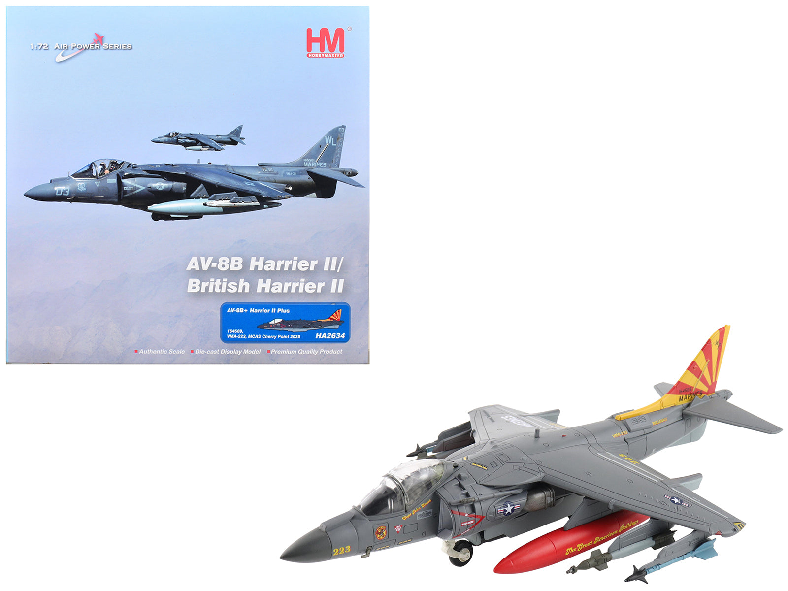 British Aerospace AV-8B Harrier II Plus Aircraft "164569 VMA-223 Bulldogs MCAS Cherry Point" (2025) United States Marine Corps "Air Power Series" 1/72 Diecast Model by Hobby Master
