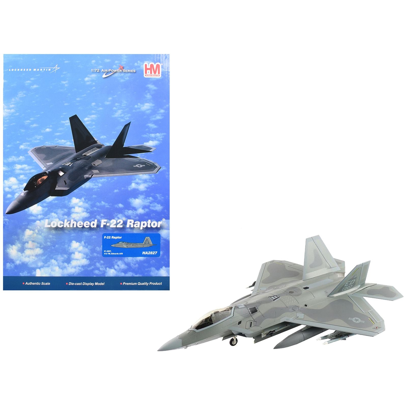 Lockheed F-22 Raptor Stealth Aircraft "412th Test Wing, Edwards Air Force Base" United States Air Force "Air Power Series" 1/72 Diecast Model by Hobby Master