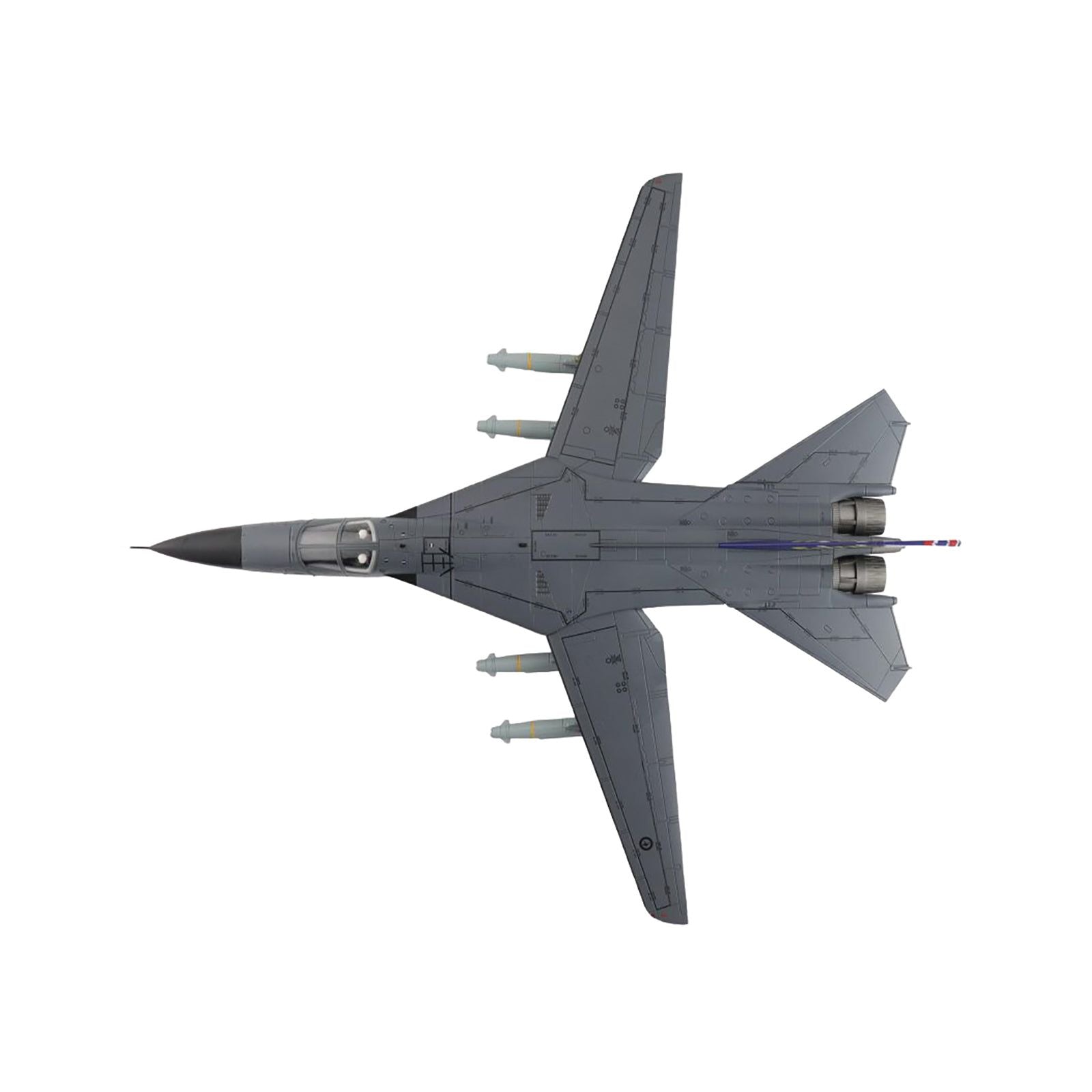 HA3033-4__52990 Top-down view of a gray jet fighter plane