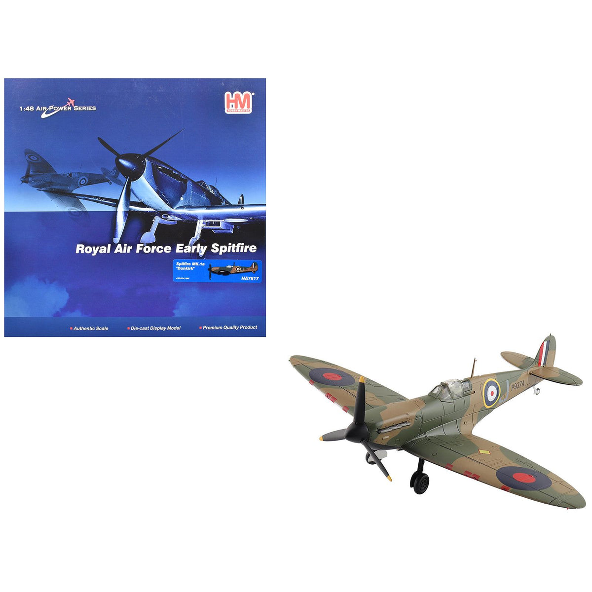 Supermarine Spitfire Mk.1a Fighter Aircraft "J/P9374 Dunkirk" British Royal Air Force "Air Power Series" 1/48 Diecast Model by Hobby Master