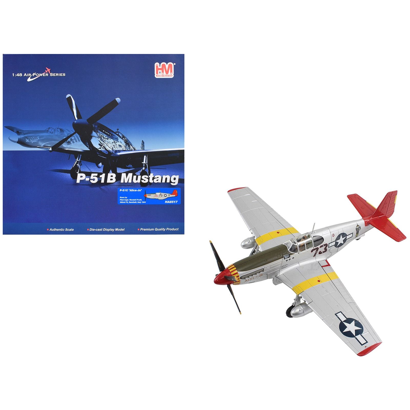 North American P-51C Mustang Fighter Aircraft "Alice-Jo Capt. Wendell Pruitt 302nd FS Italy" (1945) United States Army Air Force "Air Power Series" 1/48 Diecast Model by Hobby Master