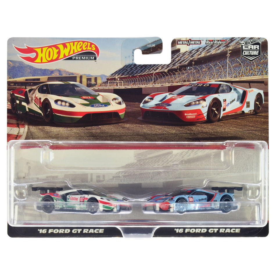 2016 Ford GT Race #67 White with Green and Red Stripes and 2016 Ford GT Race #69 Light Blue Metallic with Orange Stripes "Car Culture" Set of 2 Cars Diecast Model Cars by Hot Wheels