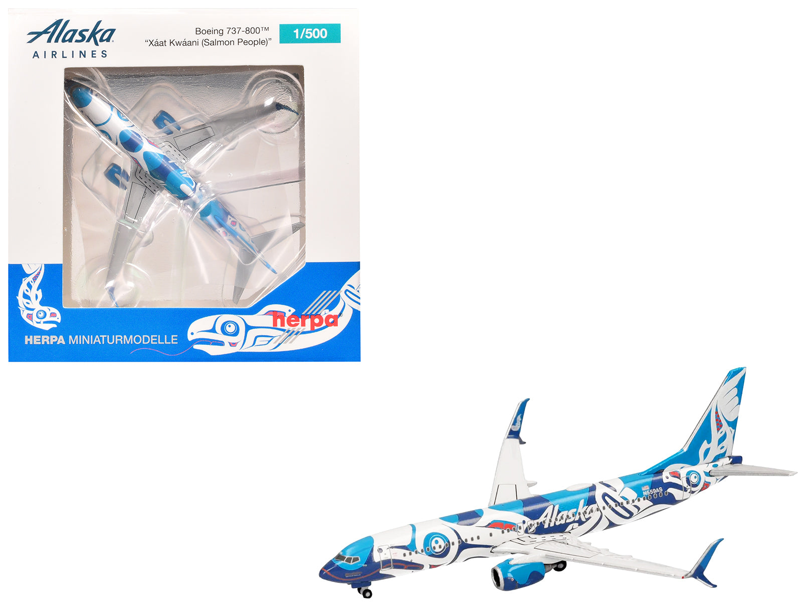Boeing 737-800 Commercial Aircraft "Alaska Airlines - Salmon People Livery" (N559AS) Blue and White 1/500 Diecast Model Airplane by Herpa