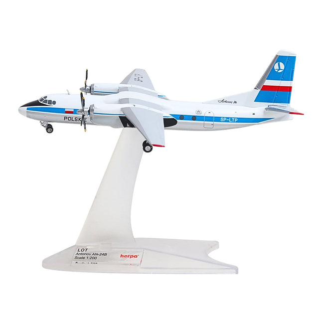 Antonov AN-24V Commercial Aircraft "LOT Polish Airlines" (SP-LTP) White with Blue Stripes and Tail 1/200 Diecast Model by Herpa
